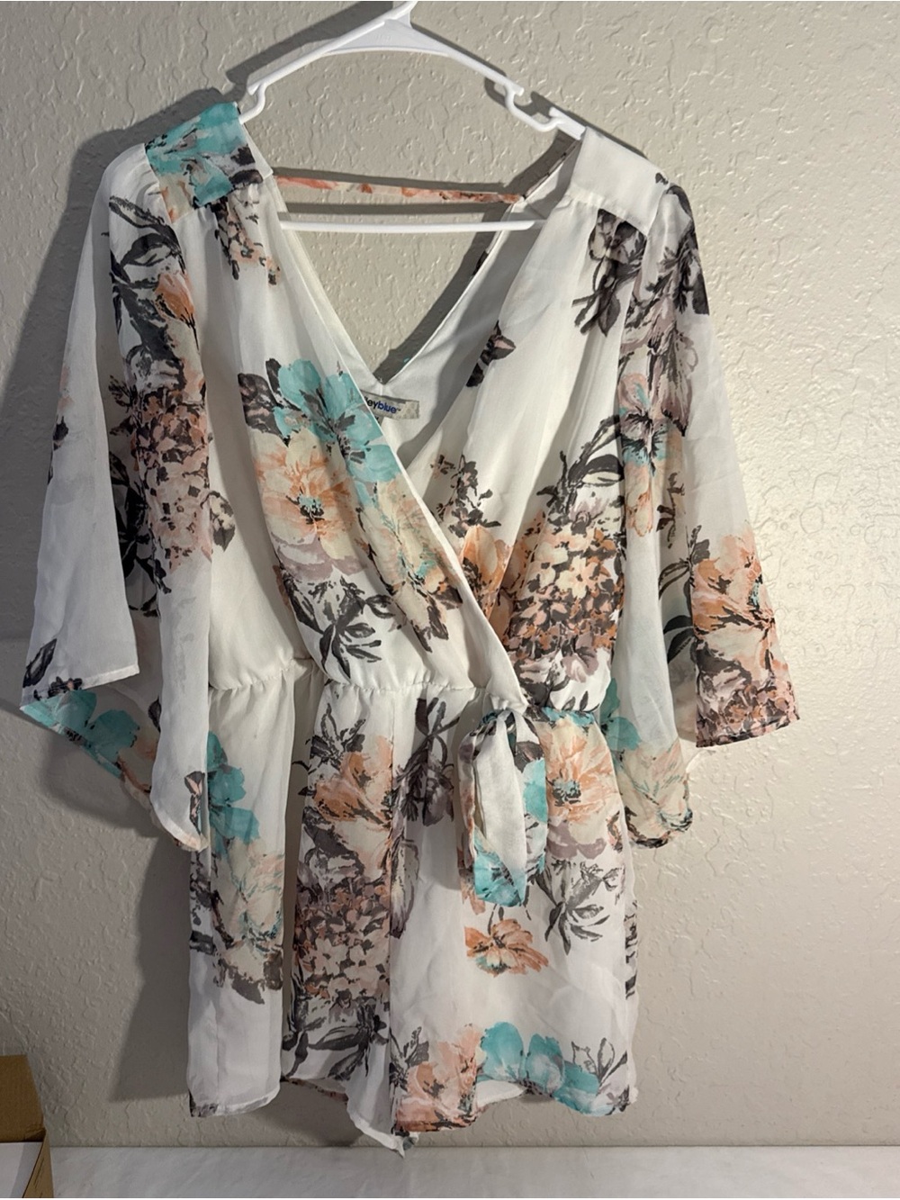 bailey blue White Floral Wrap Tunic with Peach & Teal Accents